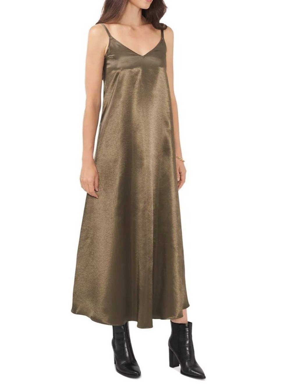 Satin Slip Maxi Dress in Olive
